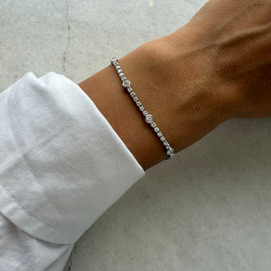 Lab Diamond Tennis Bracelet W/ 6 Station Bezel Diamonds