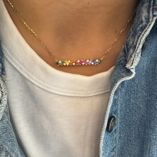 Baguette Sapphires Rainbow Bar Necklace