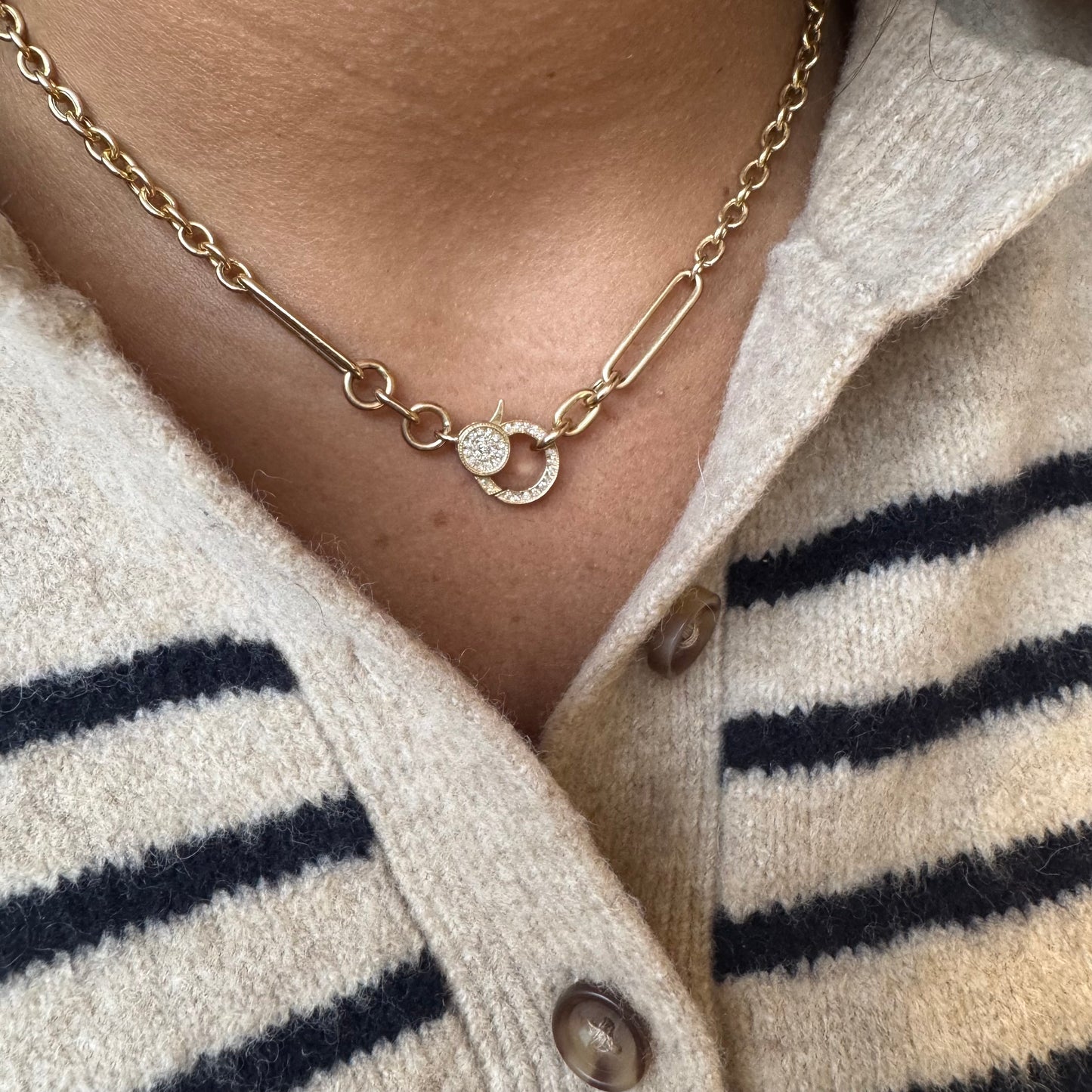 Mini Circle & Mixed Link Necklace With Double Sided Diamond Clasp
