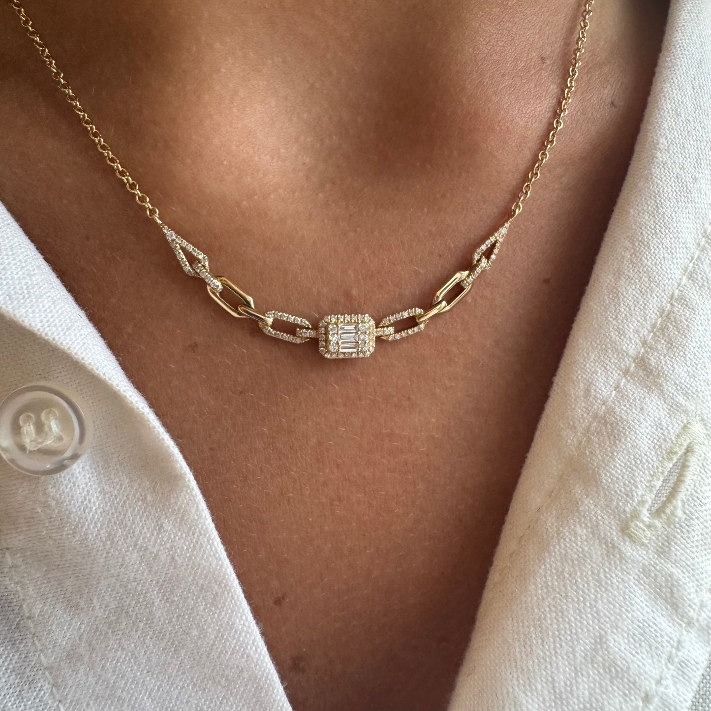 Baguette Diamond Cluster on Diamond & Gold Link Chain Necklace