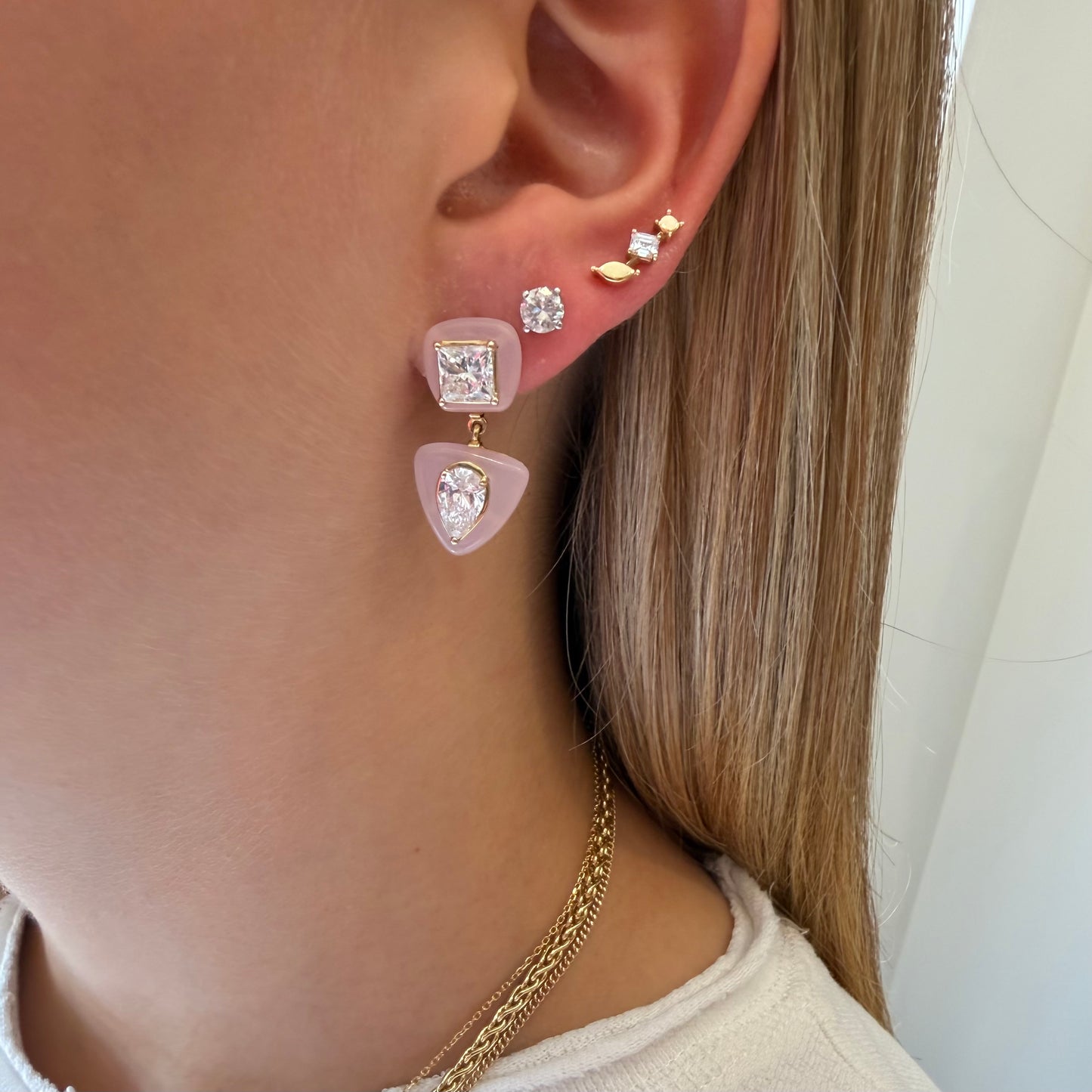 Pink Jade & Lab Grown Diamond Drop Earrings