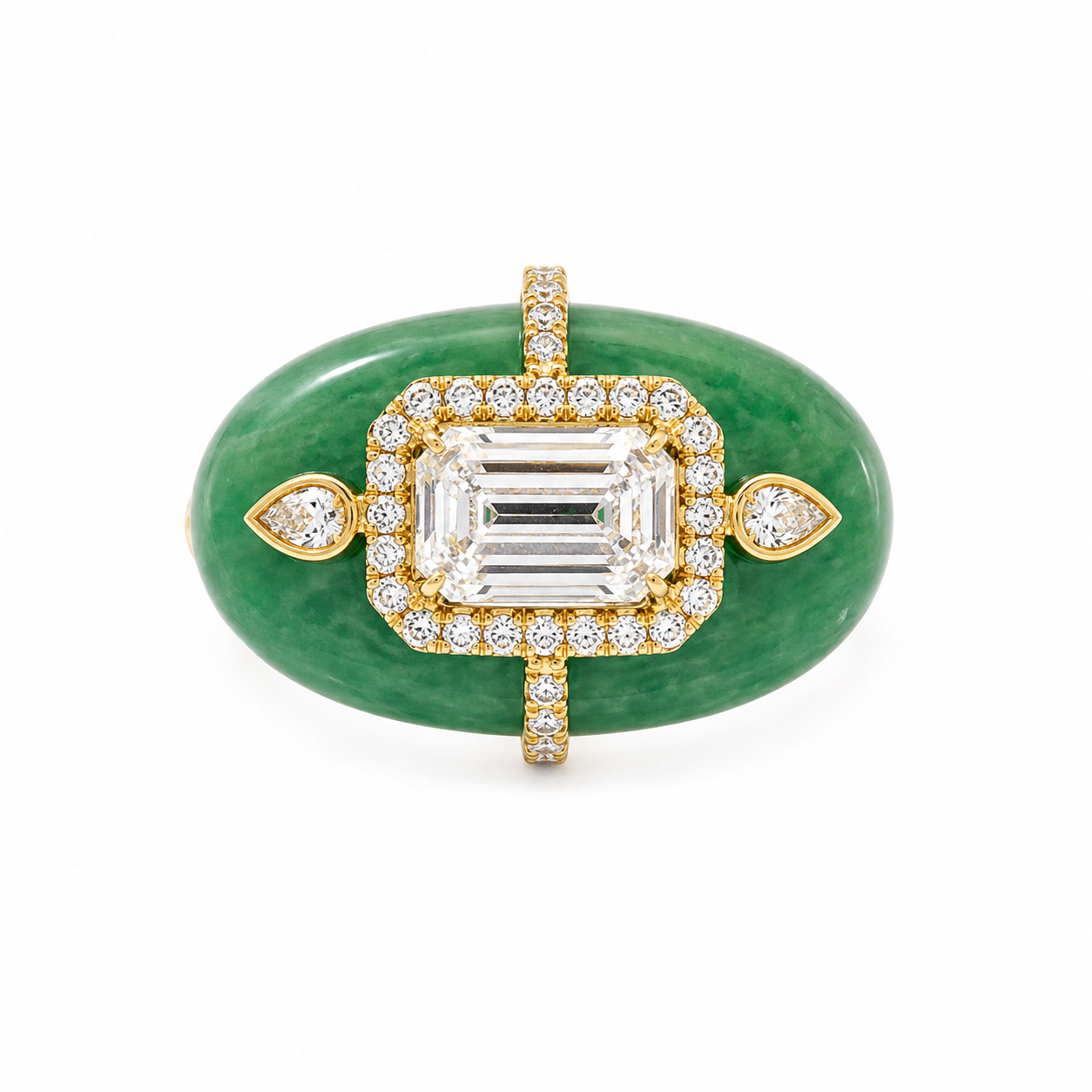 Green Jade Art Deco Ring With Lab Emerald Diamond