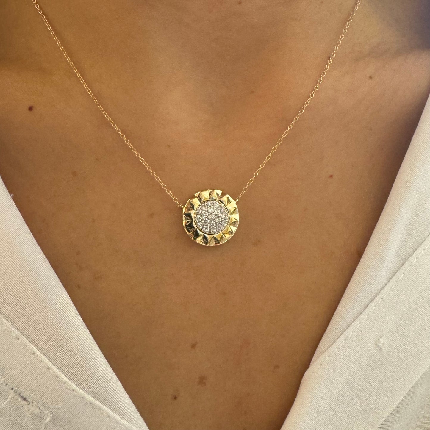 Pave Diamond Disc & Gold Textured Necklace