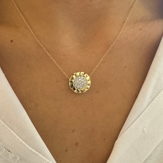 Pave Diamond Disc & Gold Textured Necklace