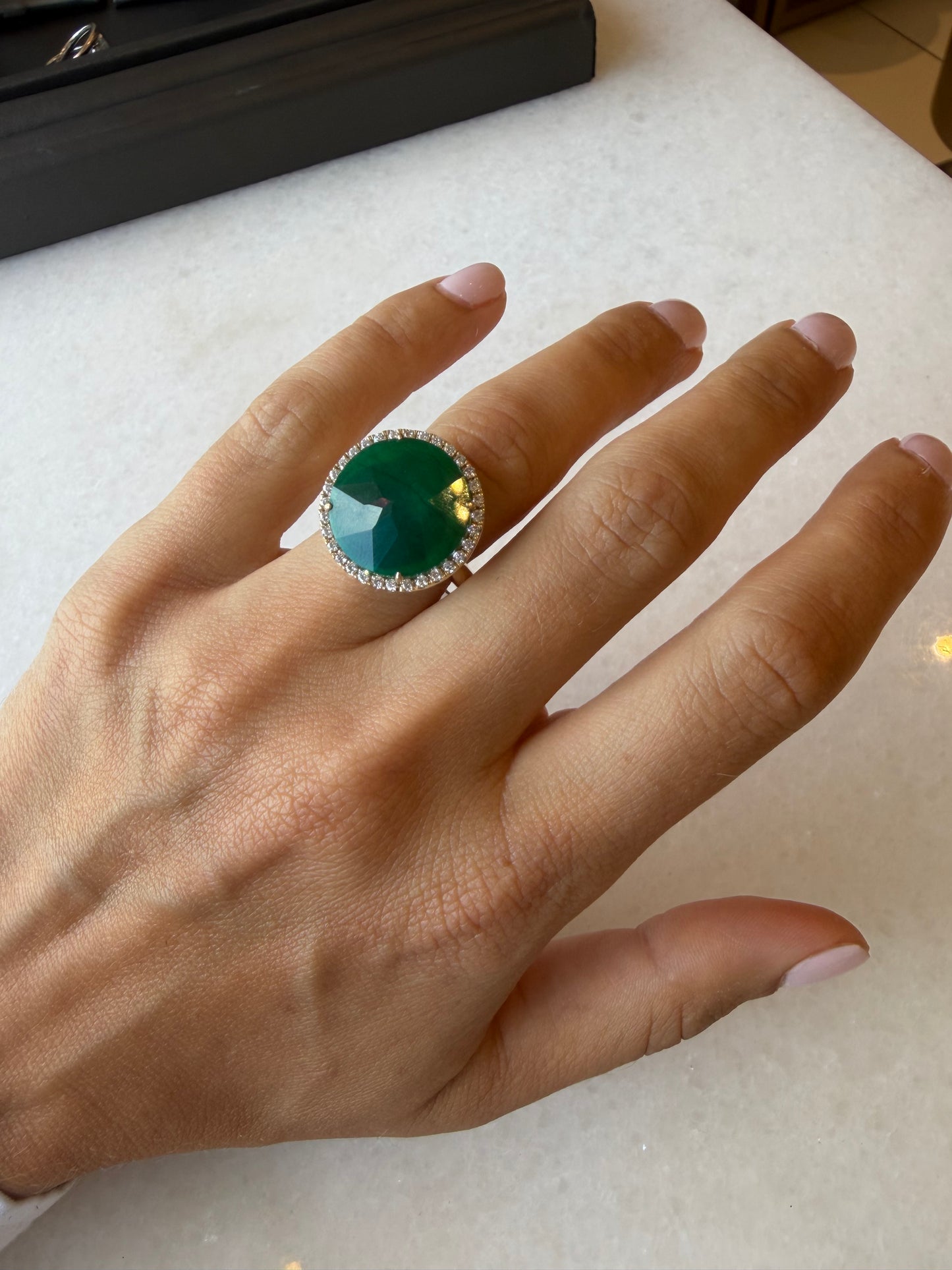 Emerald & Mother of Pearl Diamond Halo Ring