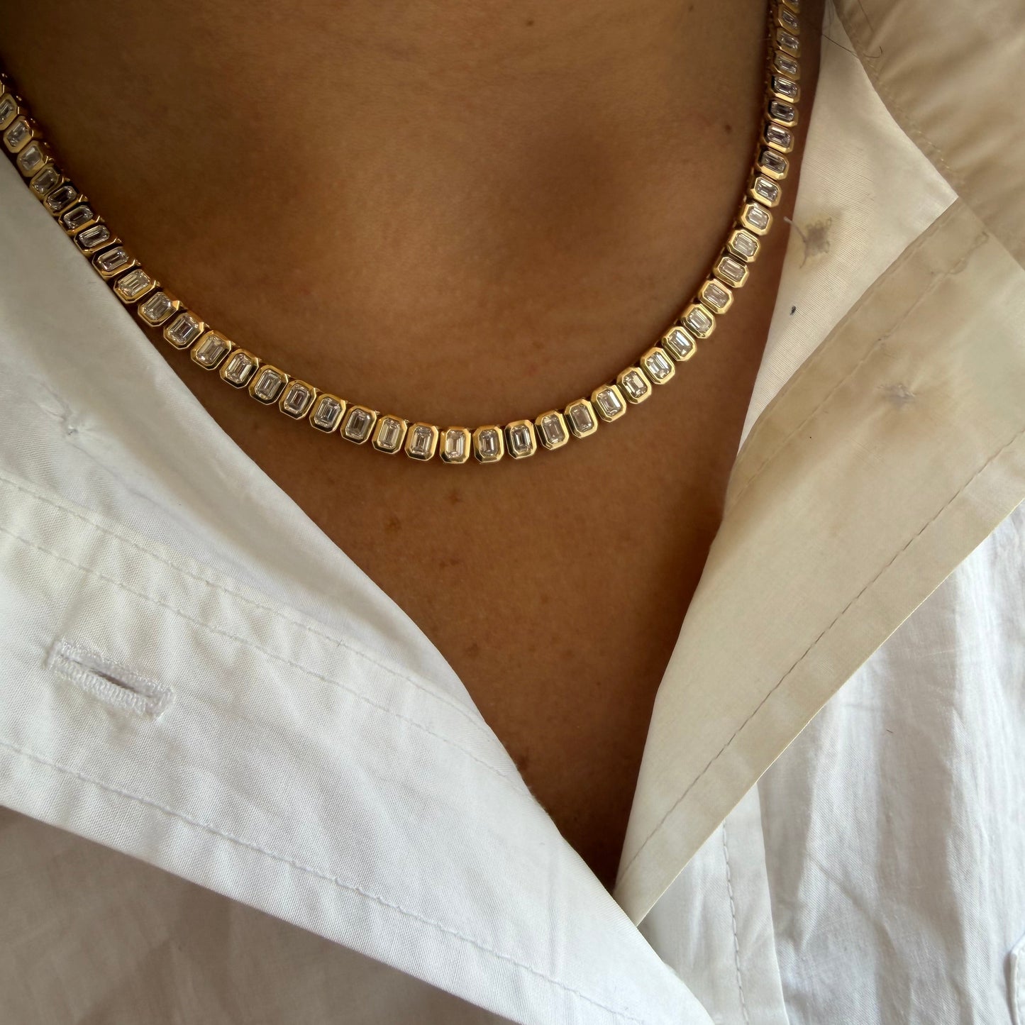Lab Emerald Bezel Tennis Necklace