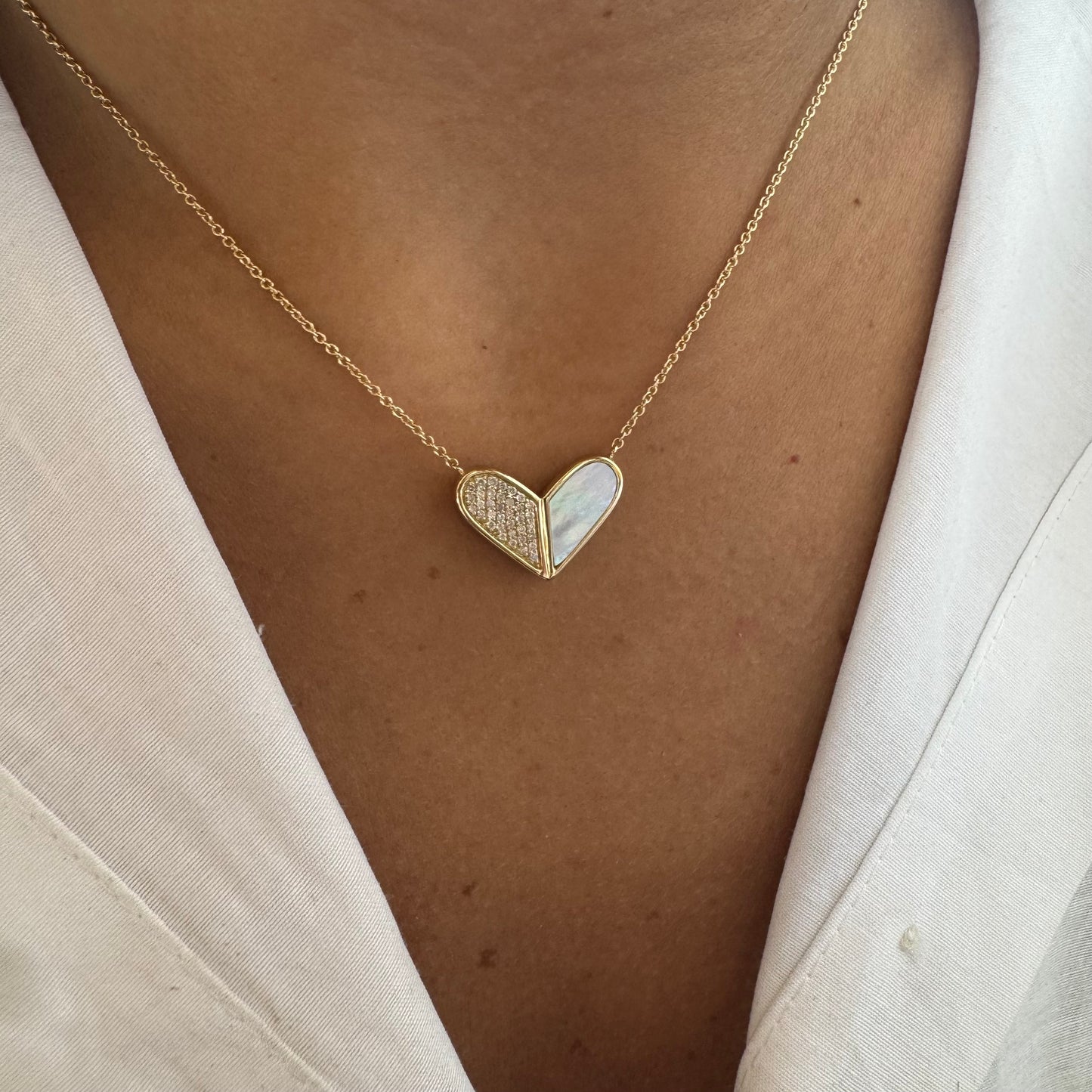 Half Diamond & Mother of Pearl Heart Necklace