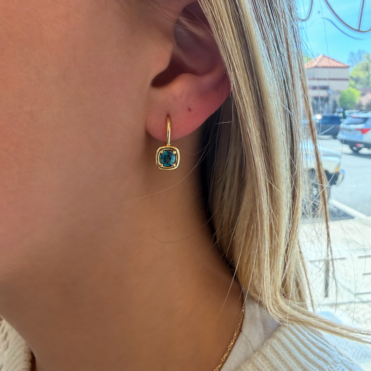 Gold Huggies with Hanging Blue Topaz