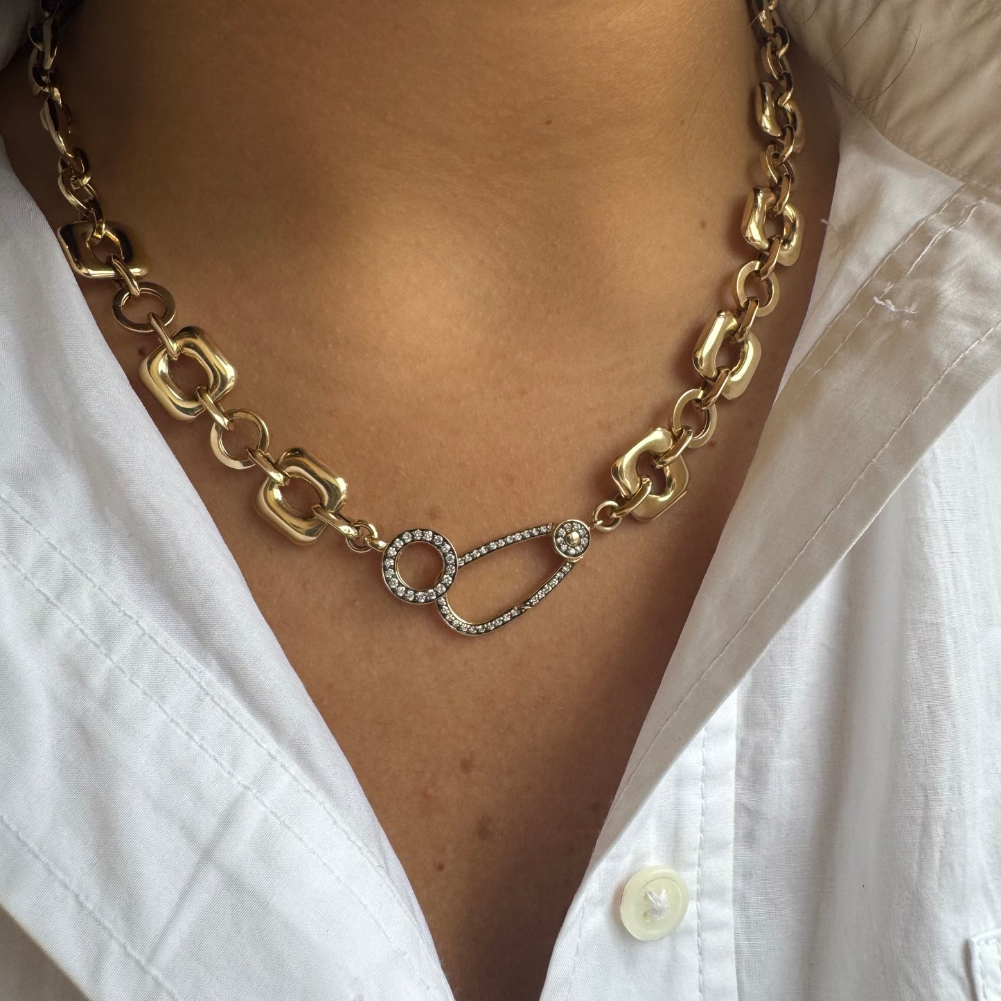 Chunky Round and Square Link Necklace with Black Rhodium Diamond Clasp