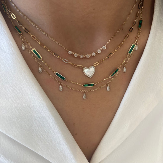 Mother Of Pearl Heart & Diamond Halo Necklace On Paperclip Chain