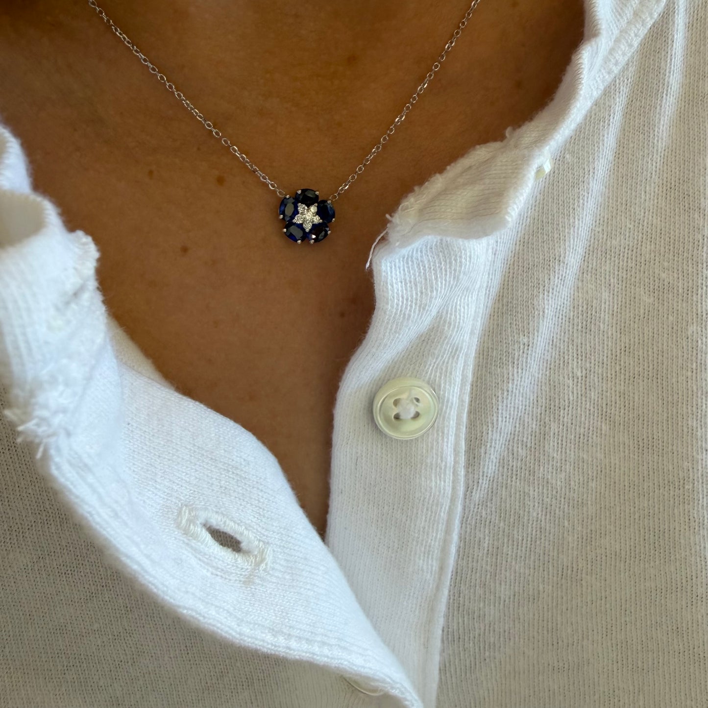 Blue Sapphire & Diamond Flower Necklace