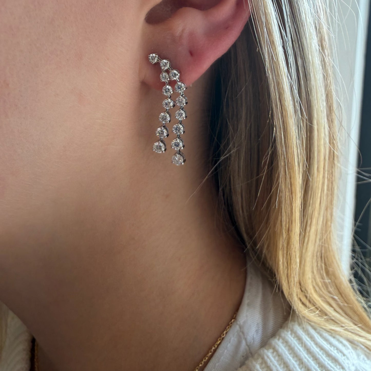 Lab Diamond Round Double Row Dangle Earrings