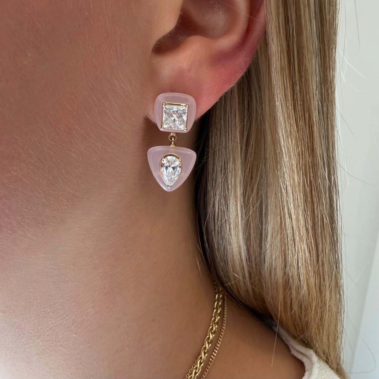 Pink Jade & Lab Grown Diamond Drop Earrings