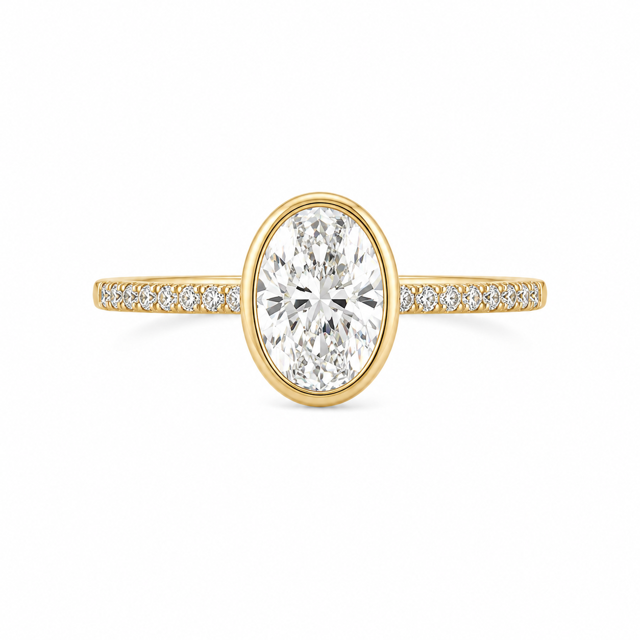 Lab Grown Oval Bezel Engagement Ring on Pave Diamond Band