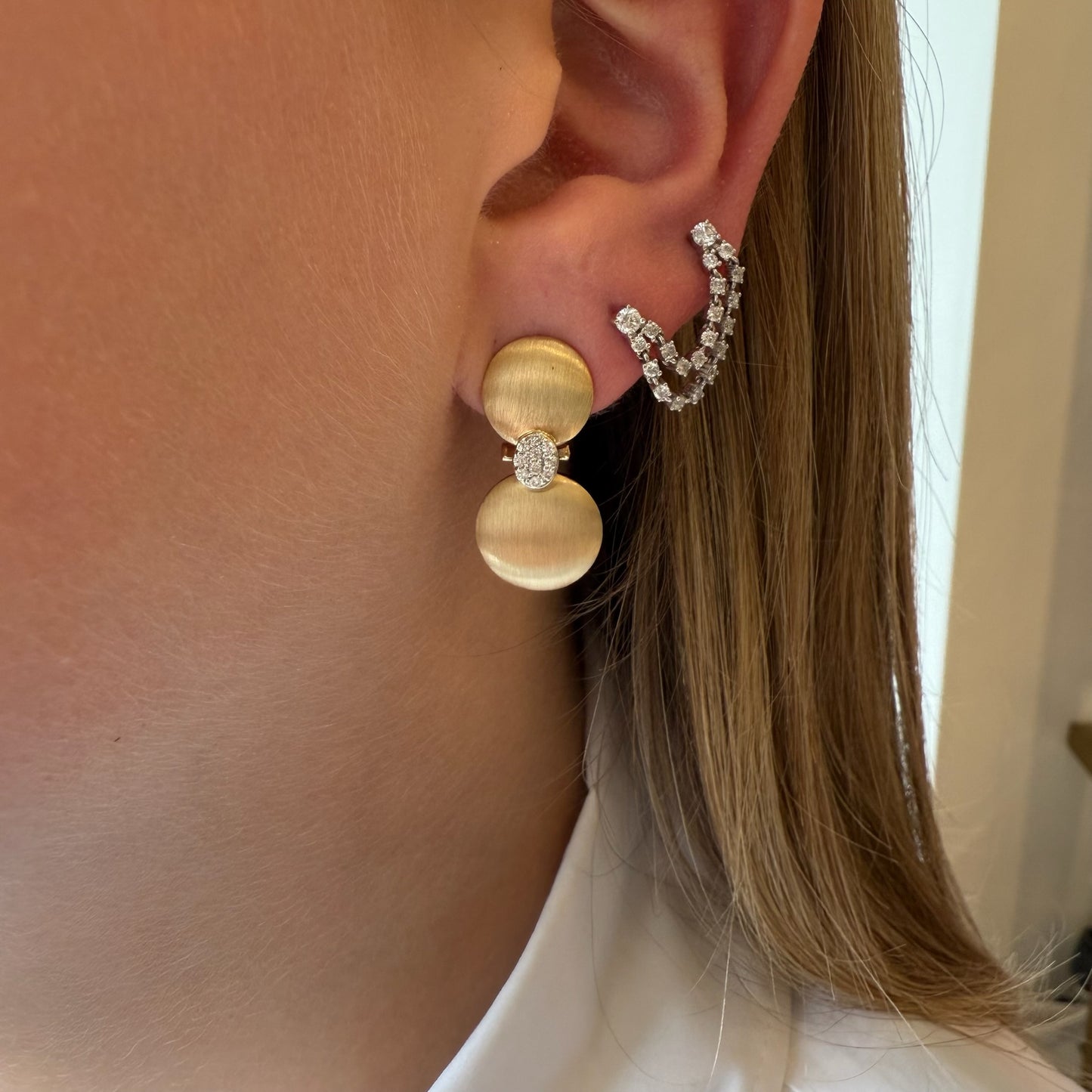 Double Brushed Gold & Diamond Hanging Earrings