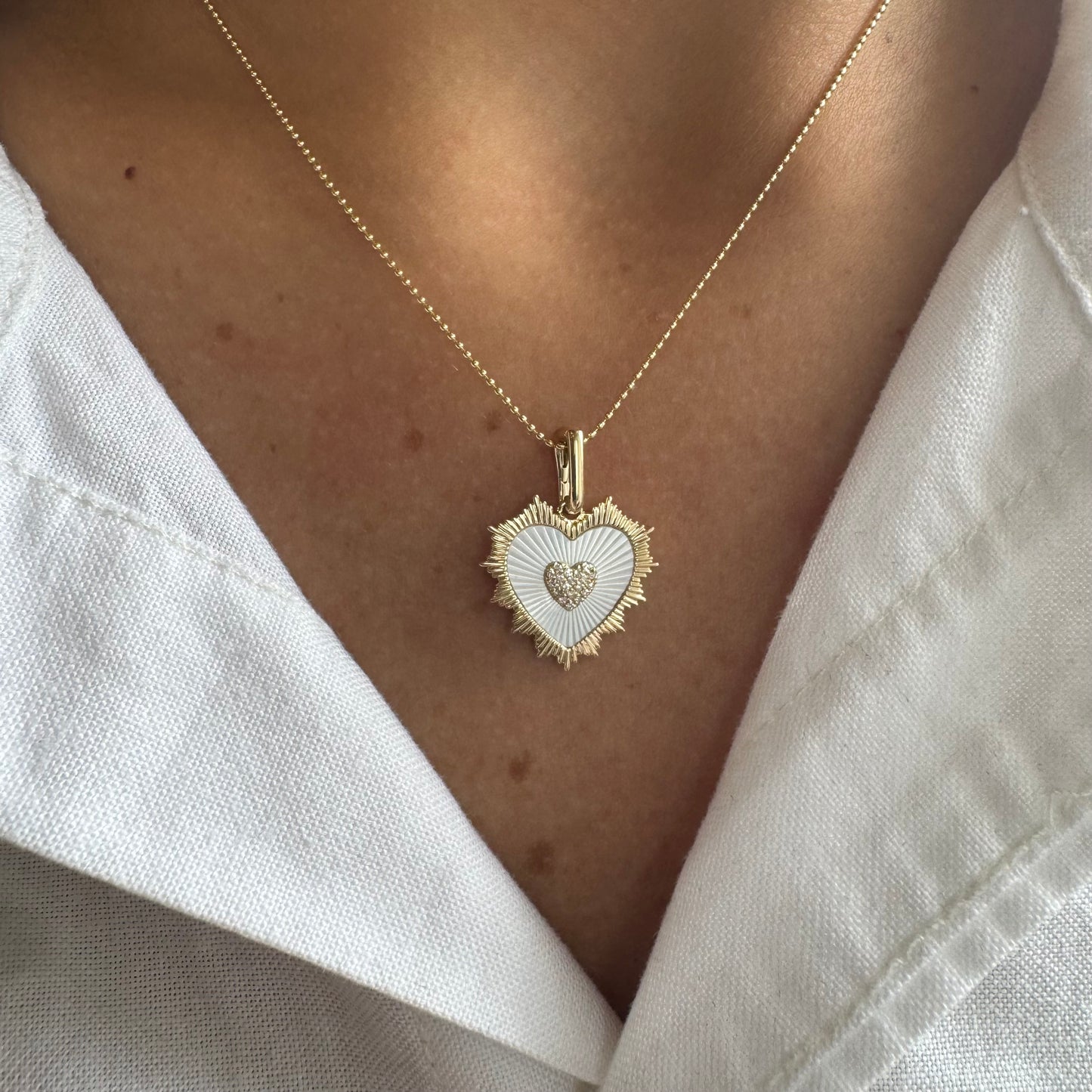 Fluted Mother of Pearl & Diamond Ray Heart Charm
