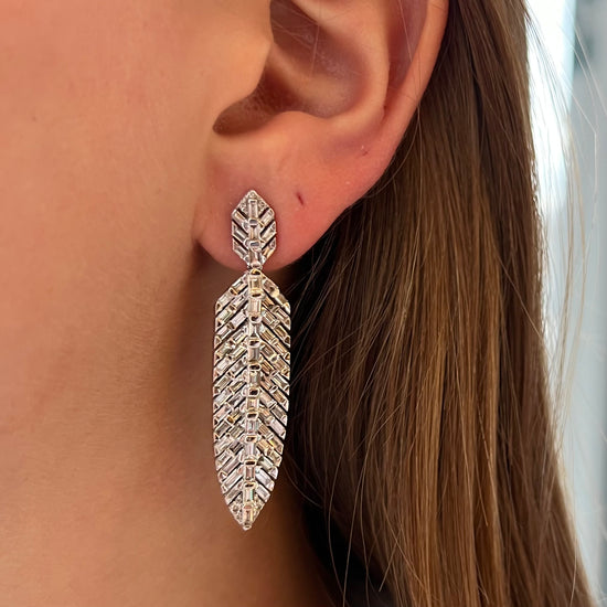 Diamond Long Single Leaf Baguette Diamond Earrings