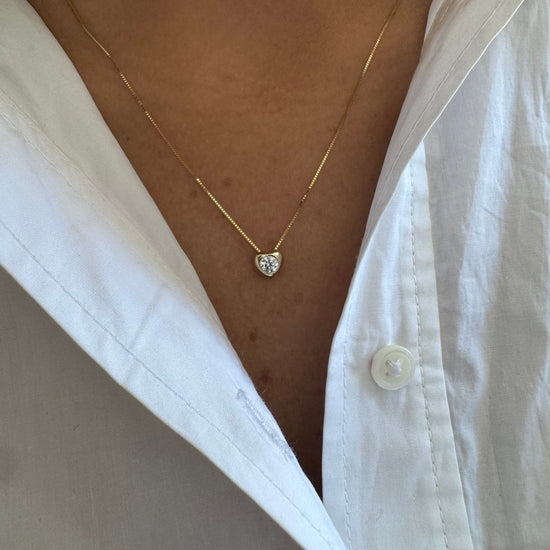 Bezel White Sapphire Heart on Skinny Box Chain Necklace