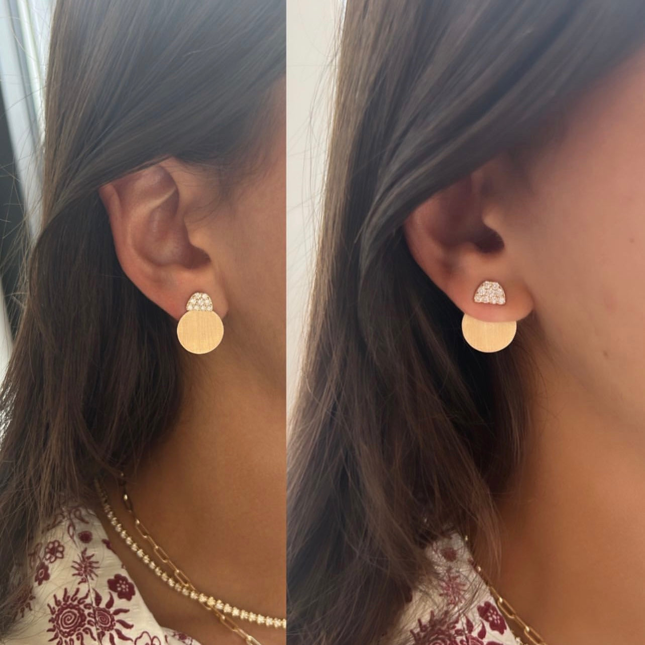 Half Circle Diamond Earrings With Brushed Gold Disc Jacket