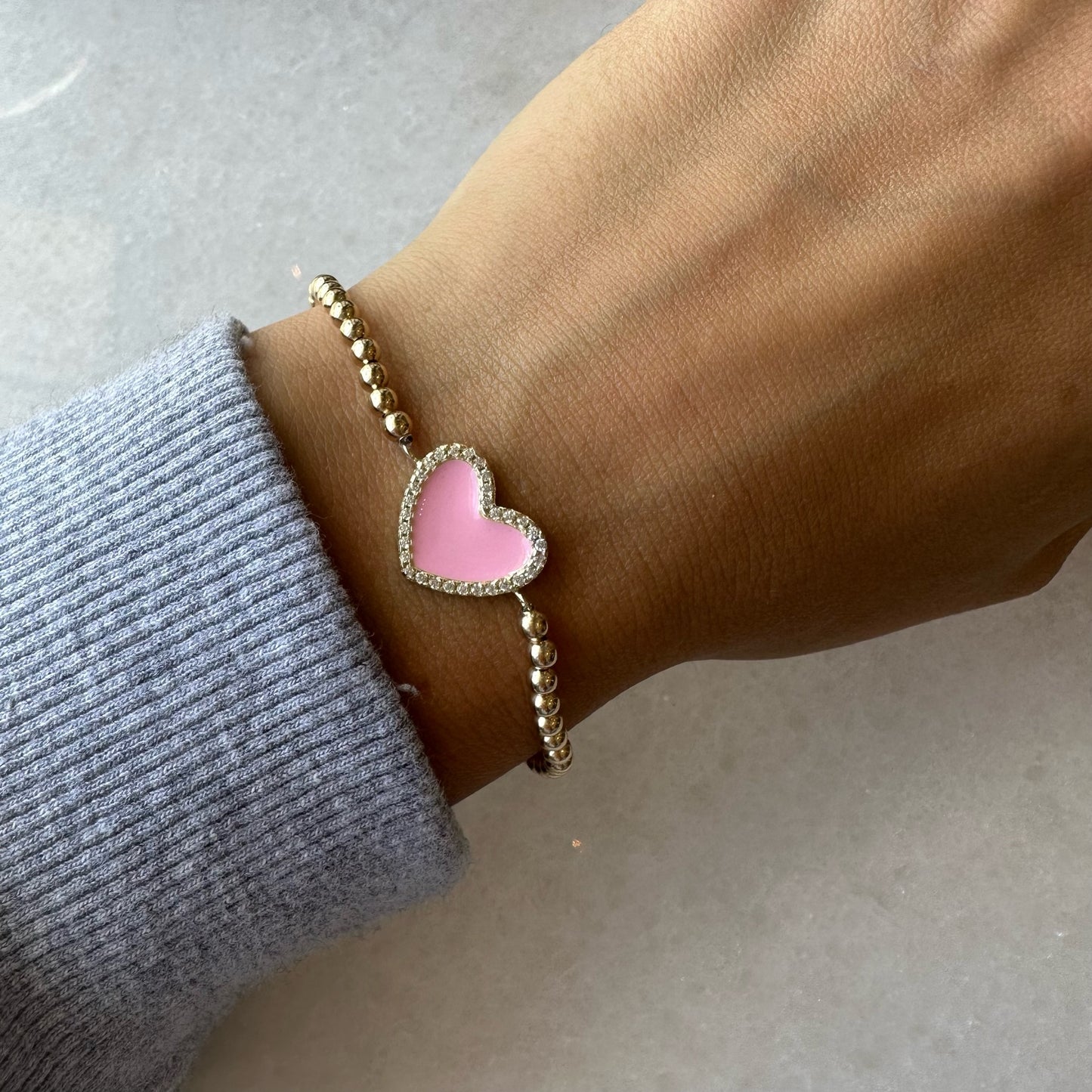 3 mm Stretch Ball Bracelet W Large Enamel & Crystal Heart