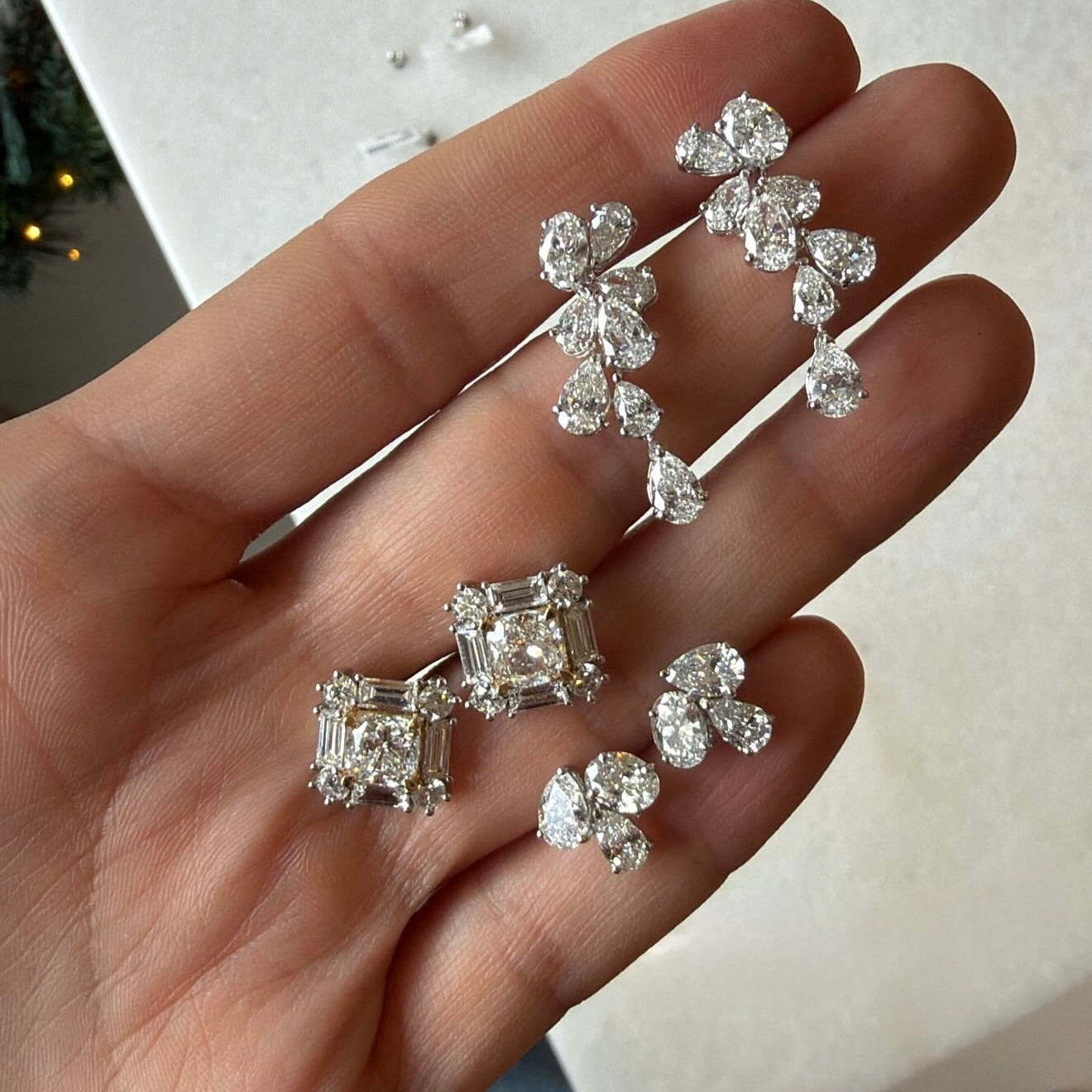 Art Deco Lab Diamond Cluster Earrings with Square Center & Baguette Halo