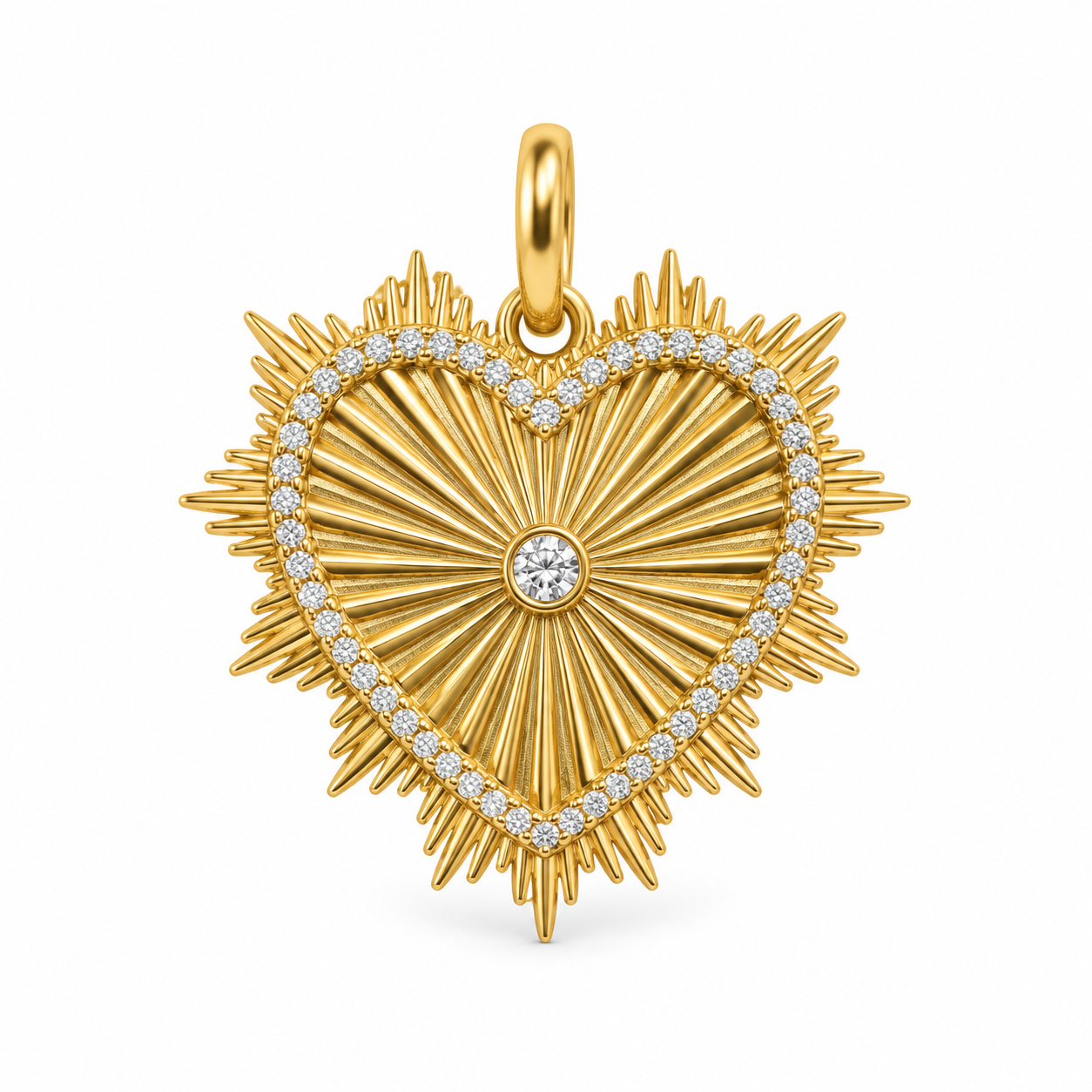 Gold Fluted & Diamond Heart Ray Charm