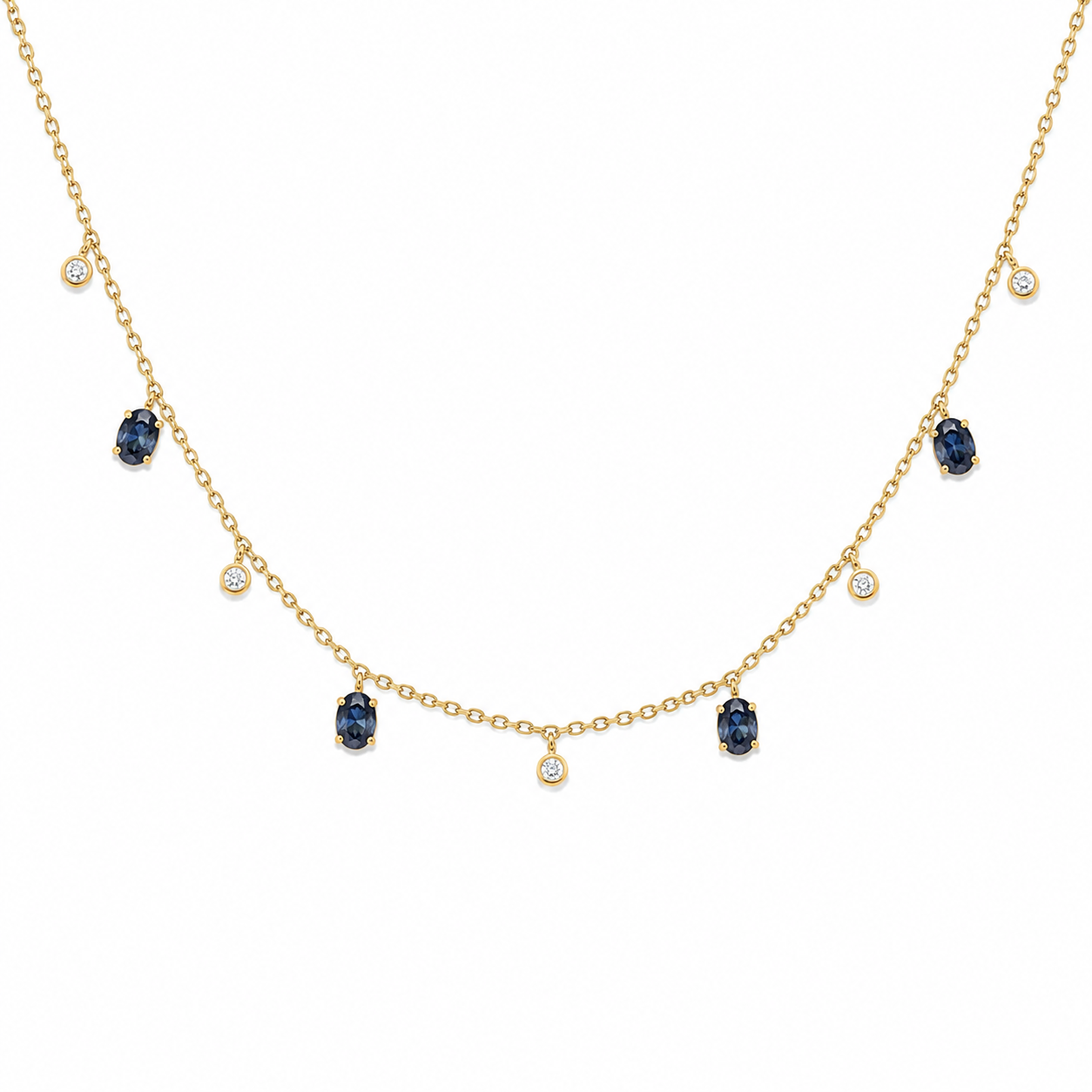 4 Station Hanging Diamond & Blue Sapphire Ovals Necklace
