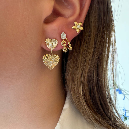 Double Gold & Diamond Fluted Heart Earrings