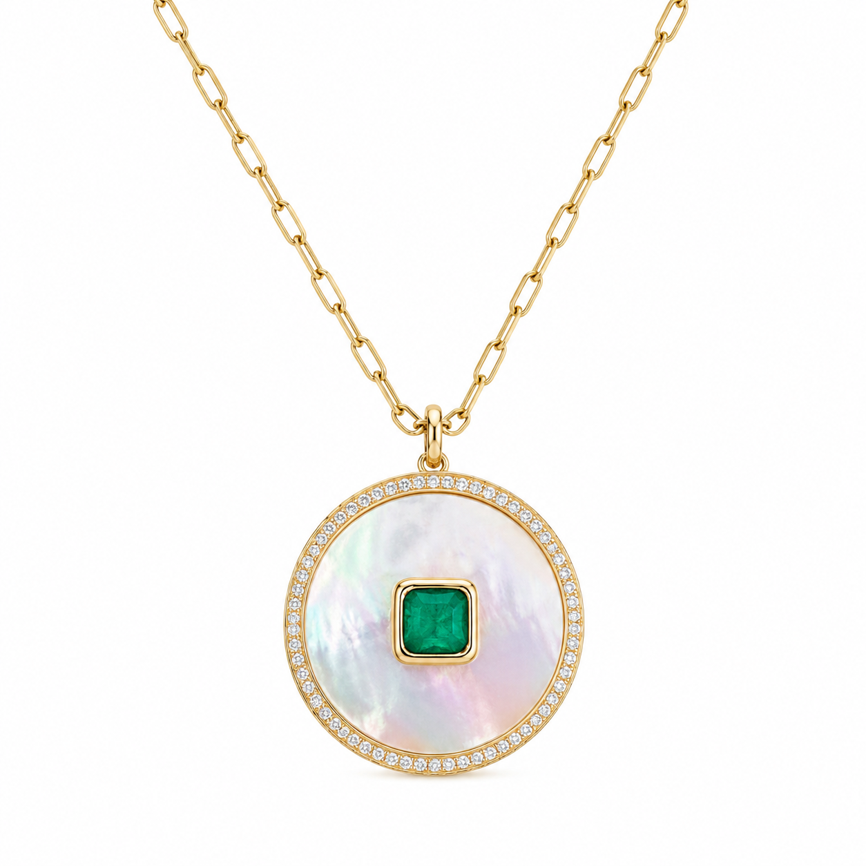 MOP Disc Charm With Diamond Halo & Emerald On Paperclip Chain