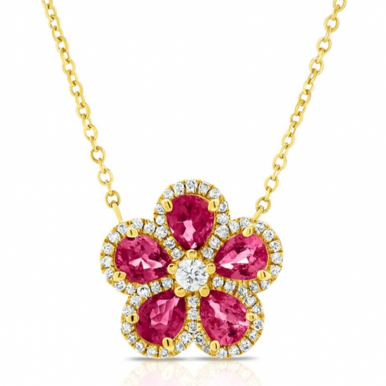 Ruby Flower w/ Diamond Halo Necklace