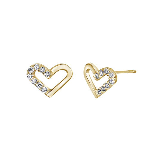 14k Slanted Heart Half Gold & Half Crystal Screwback Studs