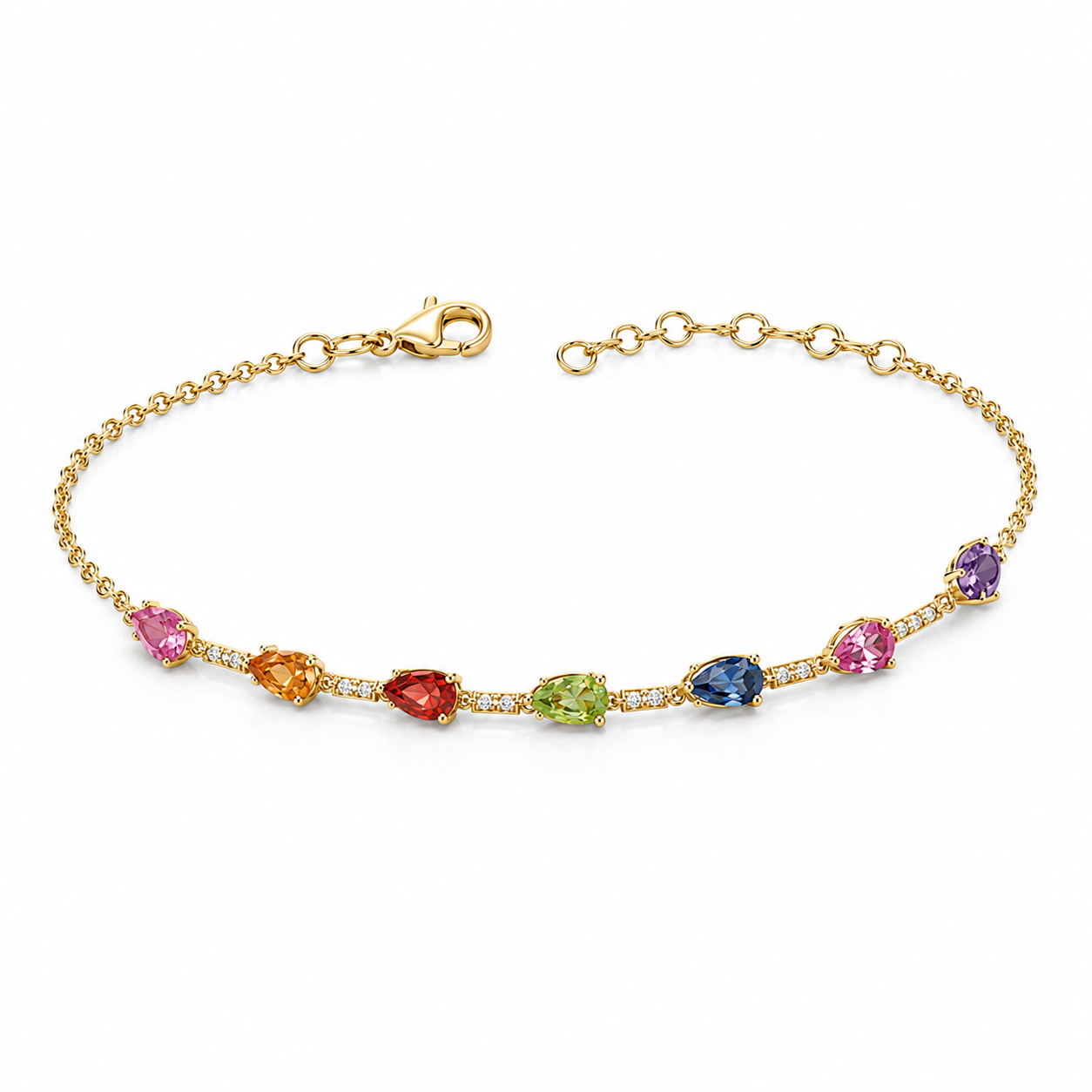 Pave Diamond & Pear Mixed Color Chain Bracelet