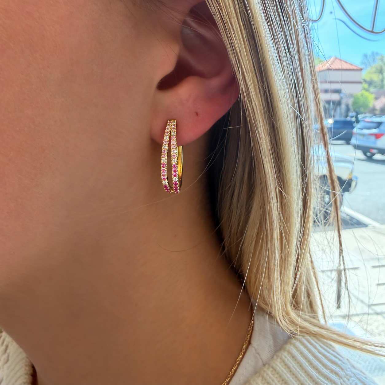 Two-Row Pink Sapphire & Diamond Hoop Earrings