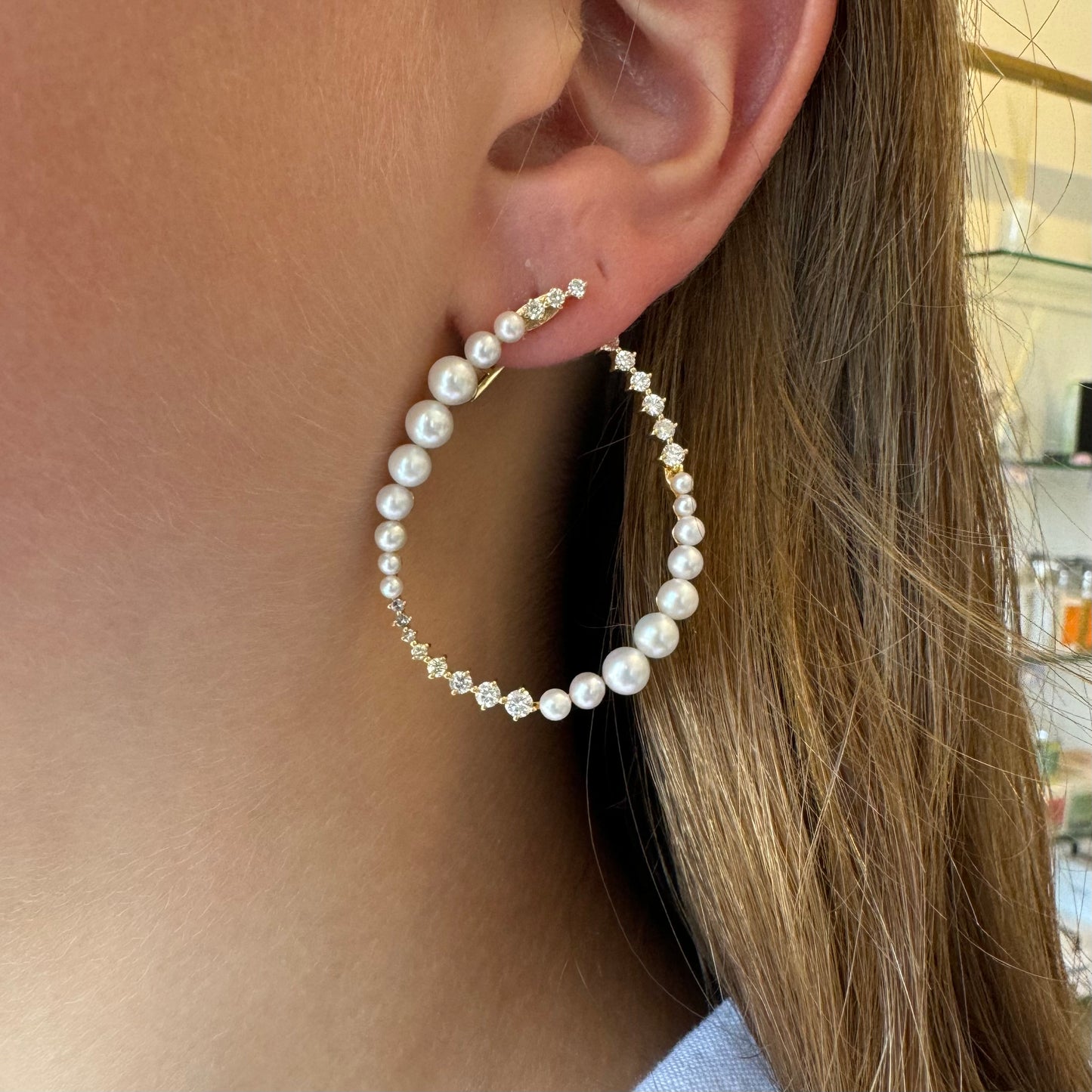 Wavy Graduated Pearl & Diamond Hoop Earring