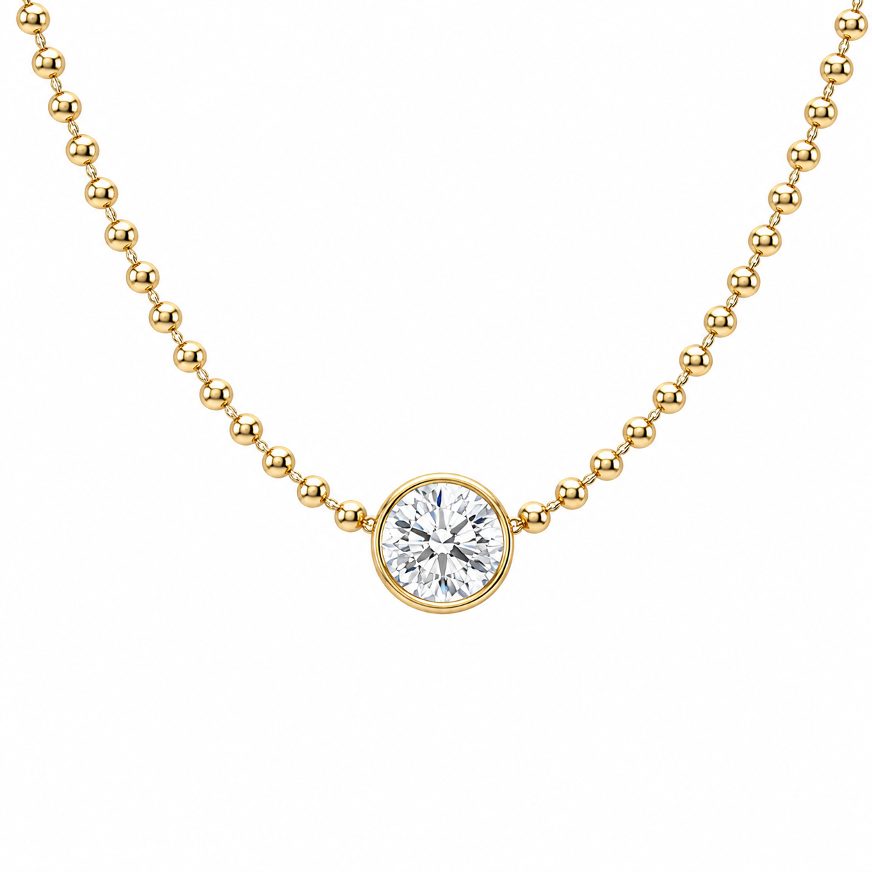 3 mm Ball Chain Necklace with Round Lab Grown Diamond set in Bezel