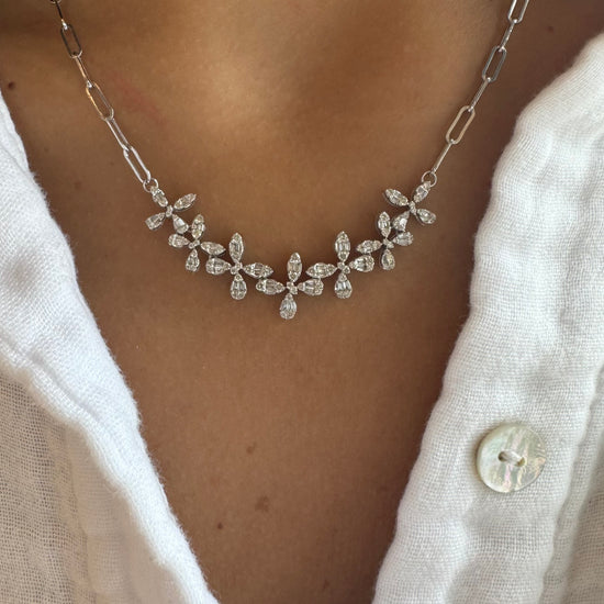 7 Diamond Flowers on Paperclip Chain Necklace