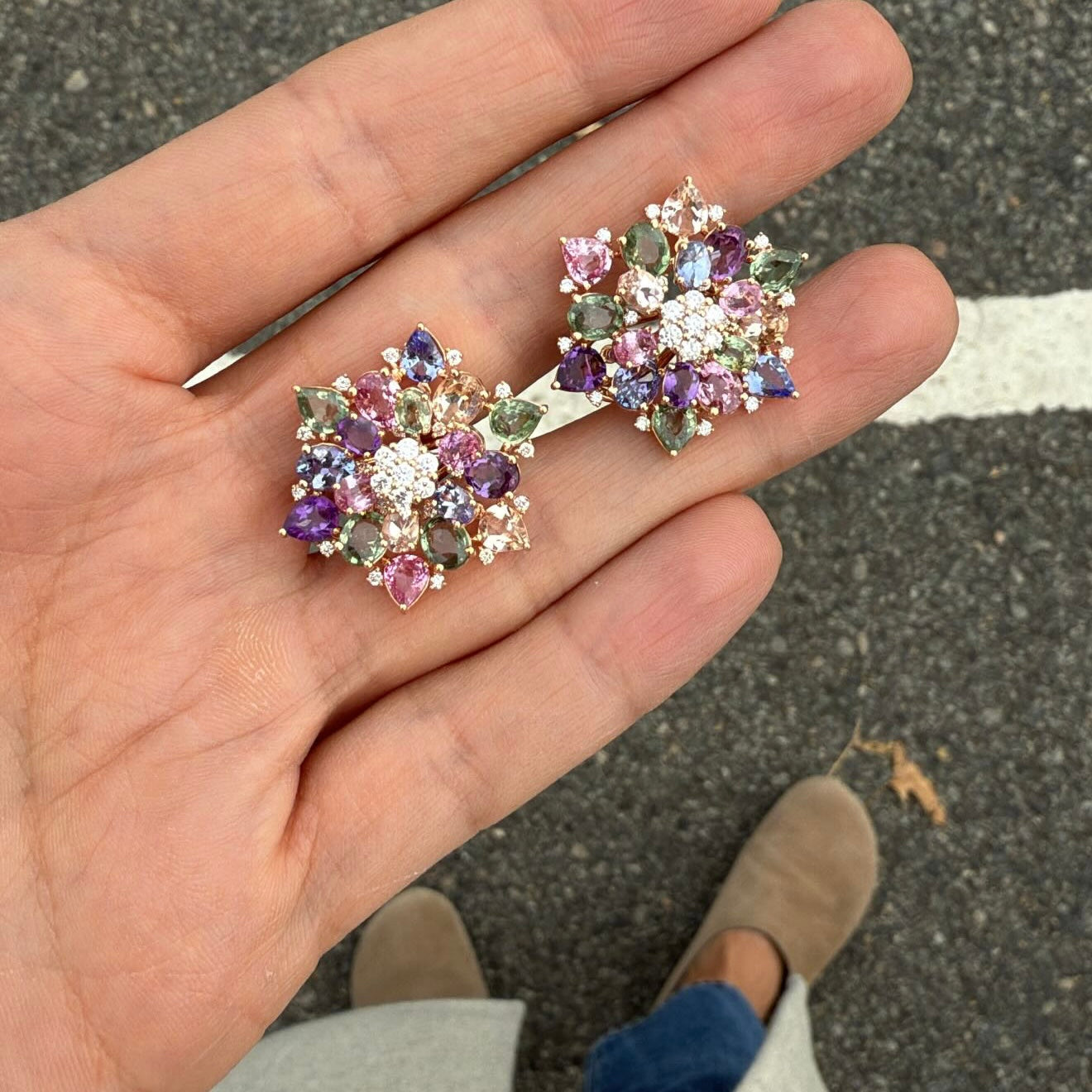 Mixed Color & Diamond Flower Earrings