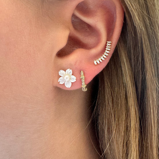 Pink Mother Of Pearl 5 Petal Flower & White Pearl Earring, 18K Gold