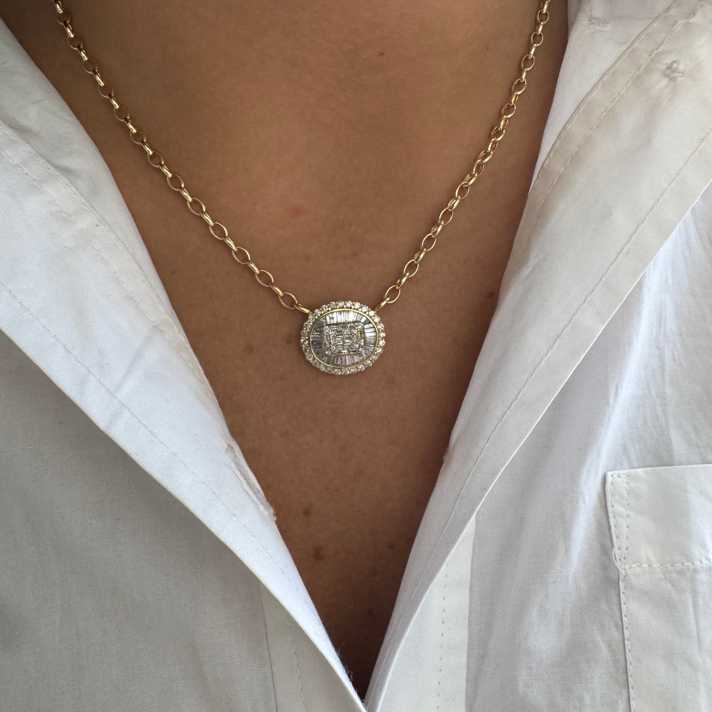 Baguette Diamond Oval Cluster Halo Necklace on Rolo Chain