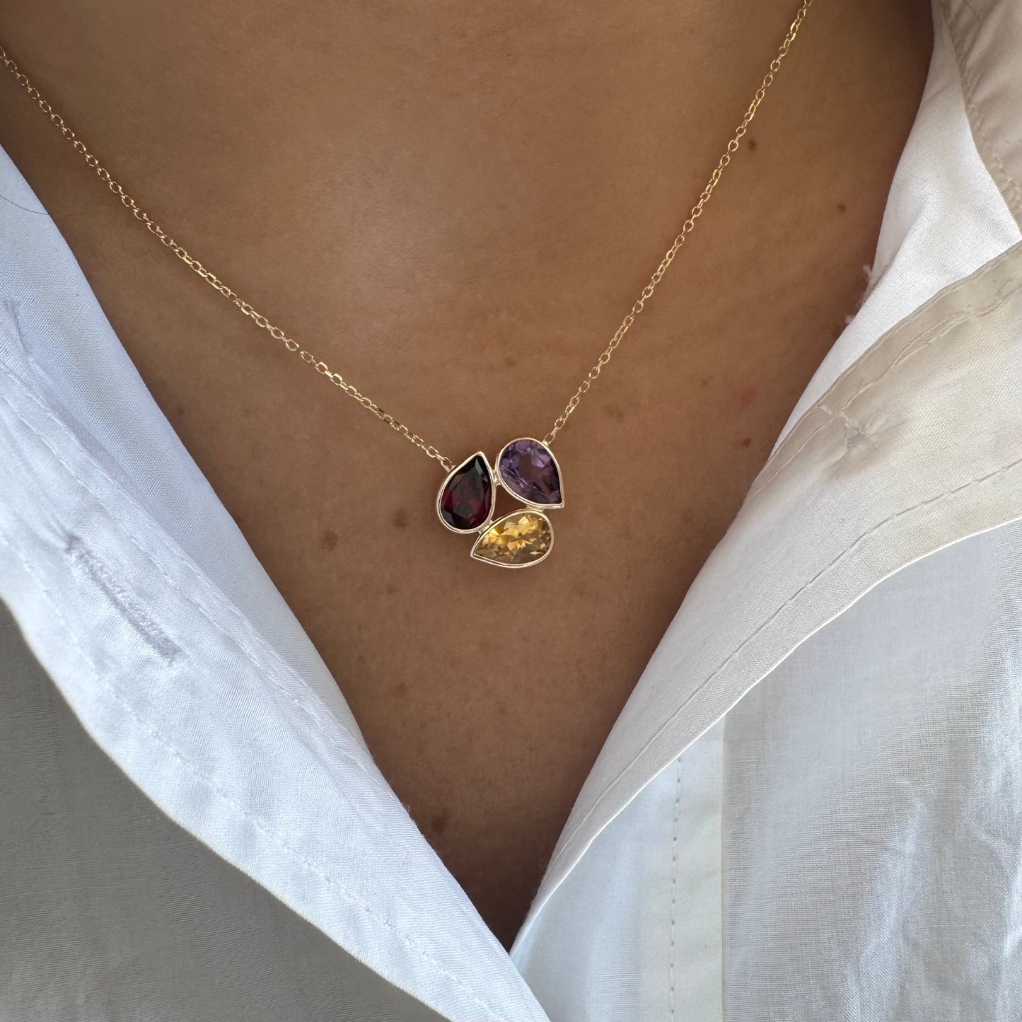 Triple Colored Stone Pear Necklace