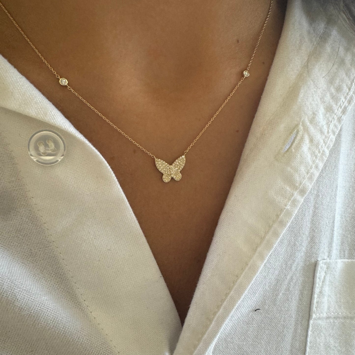 Diamond Butterfly & 2 Bezel Diamonds Necklace