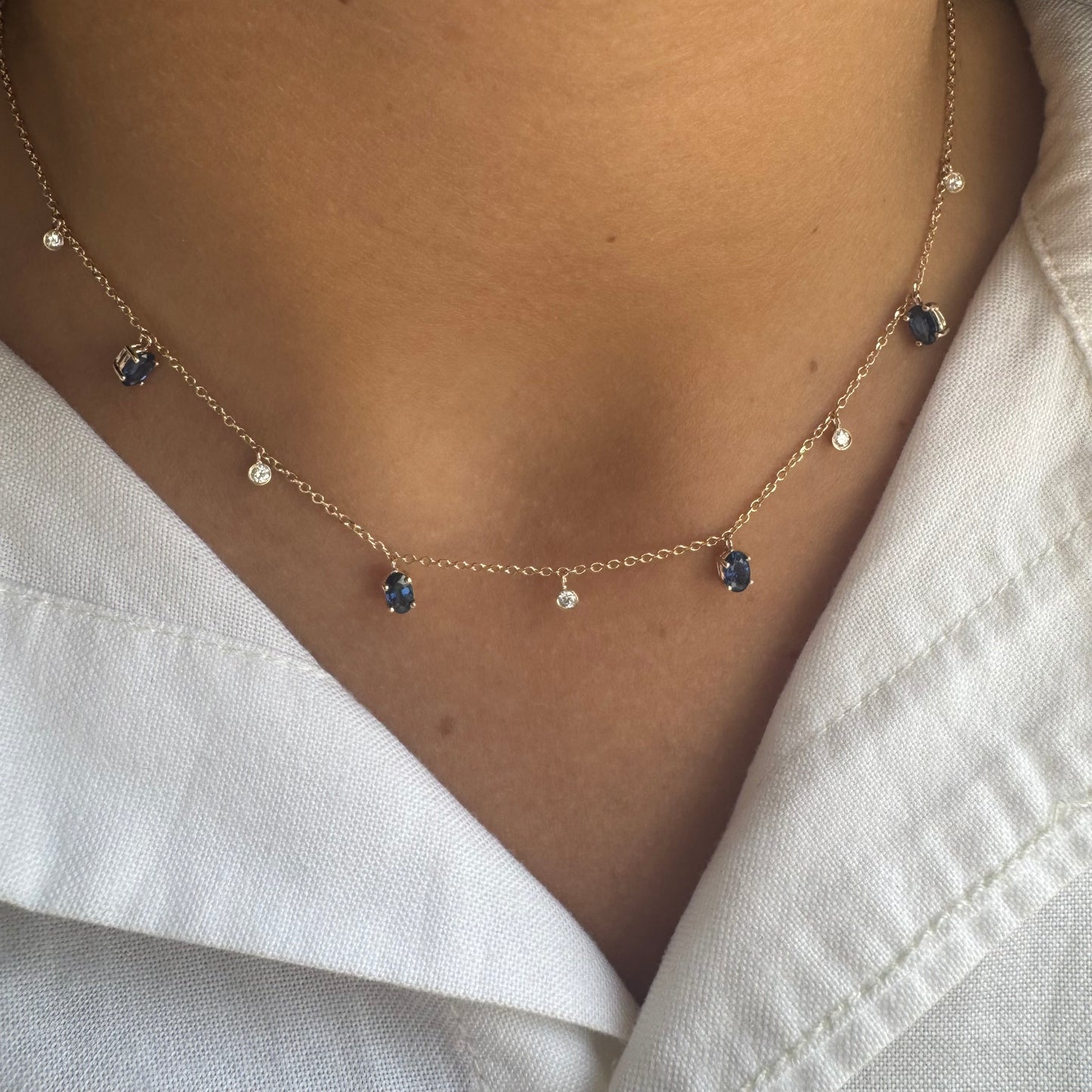 4 Station Hanging Diamond & Blue Sapphire Ovals Necklace