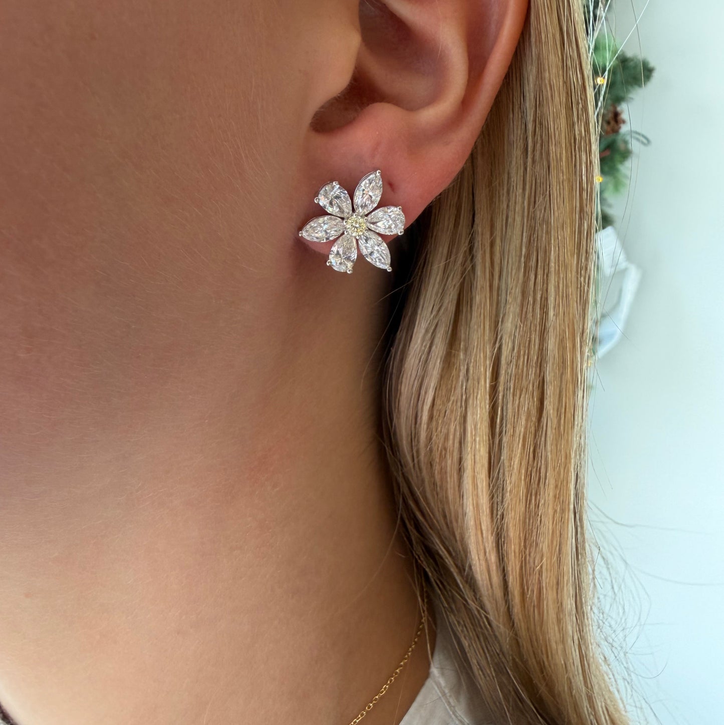 Lab Marquee & Pear With Yellow Diamond Flower Earring