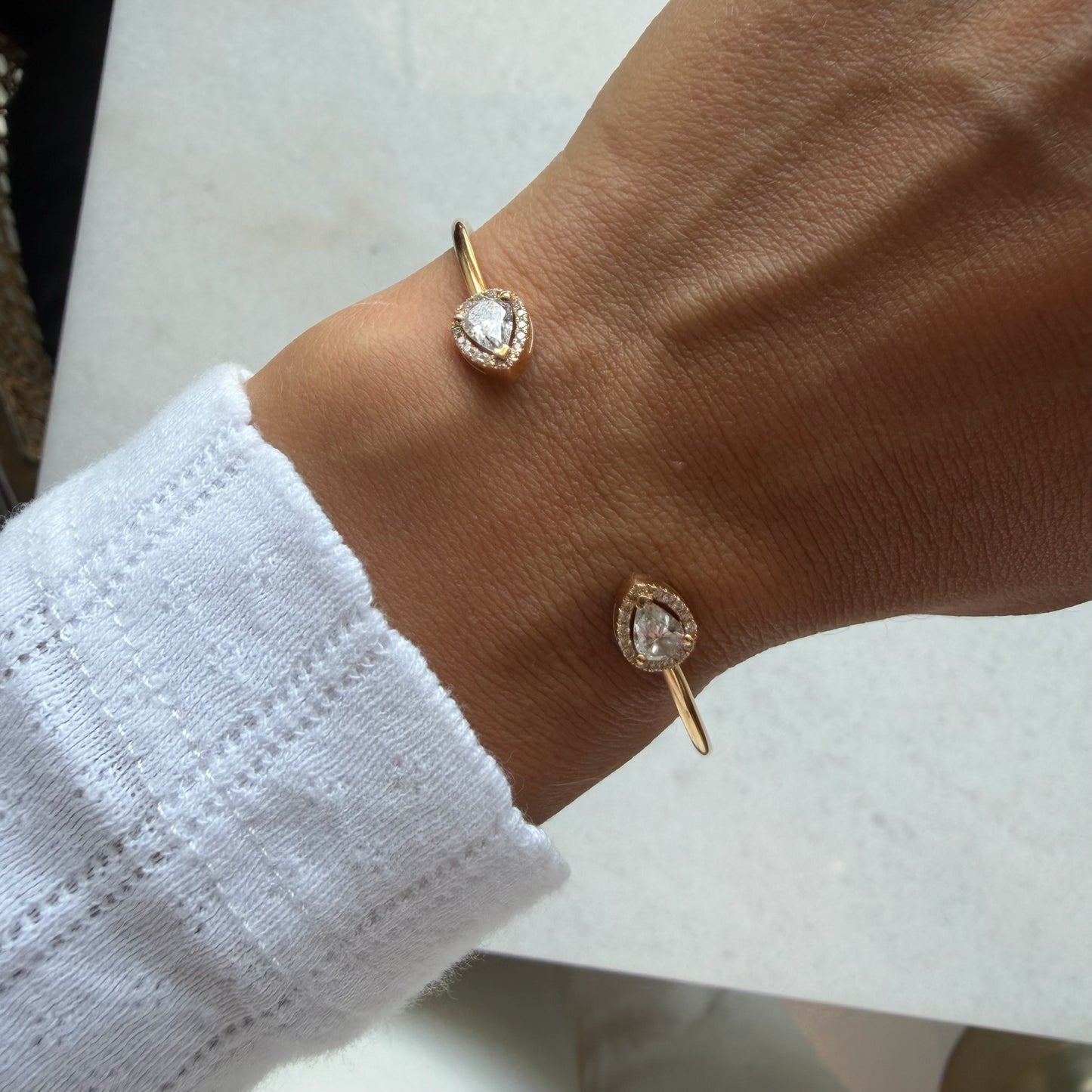 Yellow Gold Cuff W Two Diamond & Halo Pears