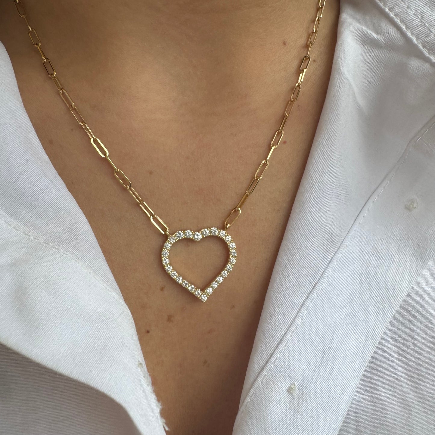 Large Open Diamond Heart on Paperclip Necklace