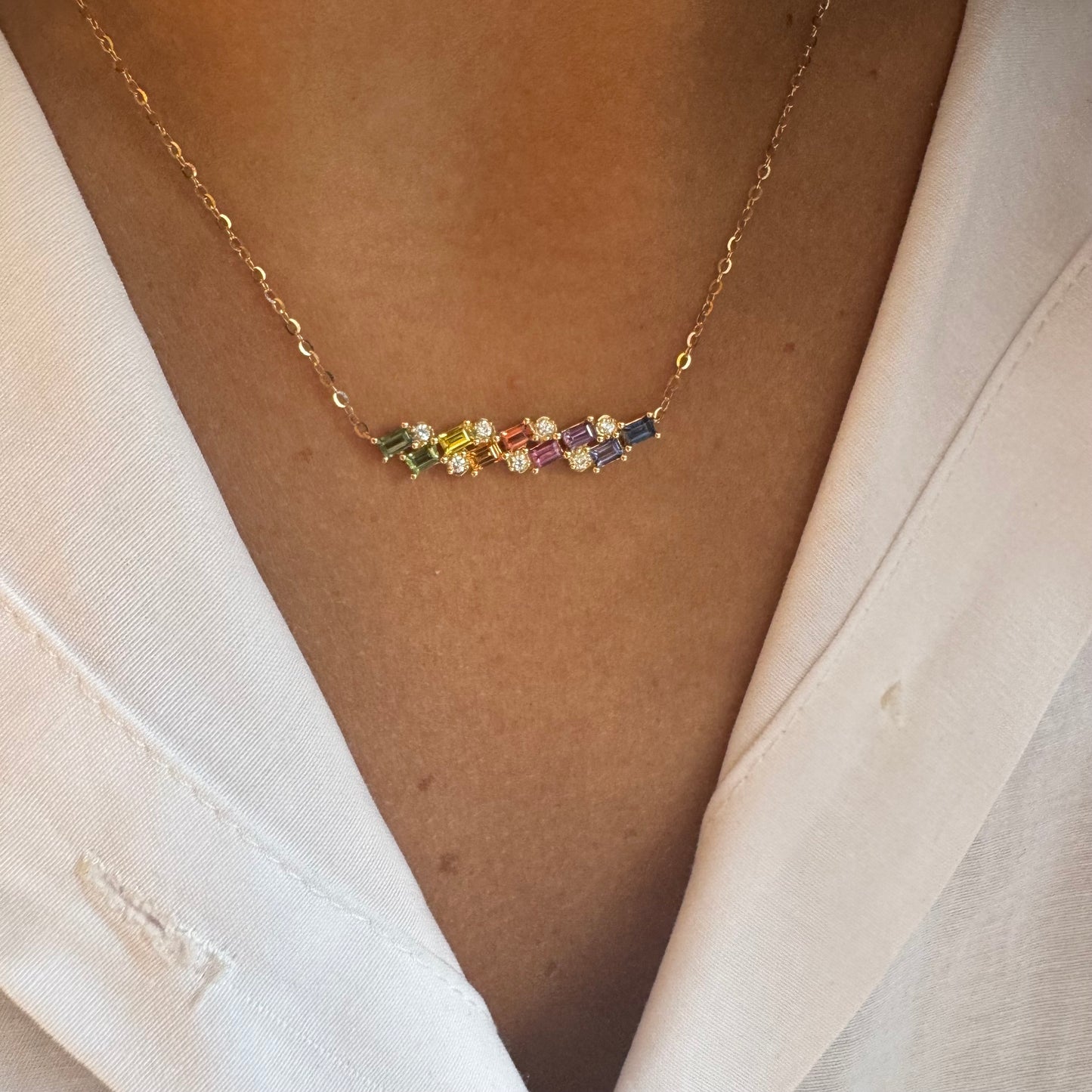 Baguette Sapphires Rainbow Bar Necklace