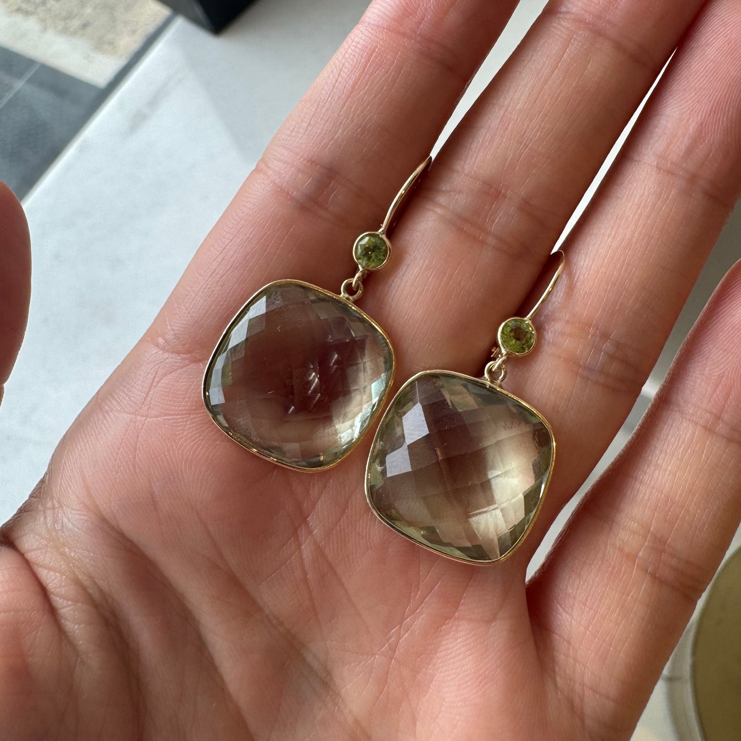 Squared Colored Stone & Gold Bezel Hanging Earrings
