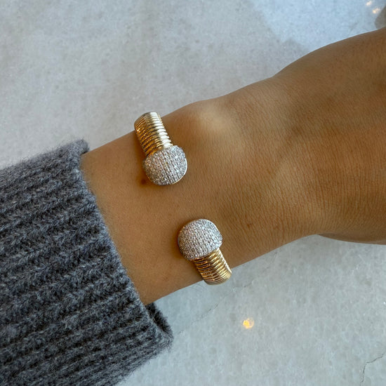 Gold Ribbed Flexible Cuff with Diamond Pave Domes