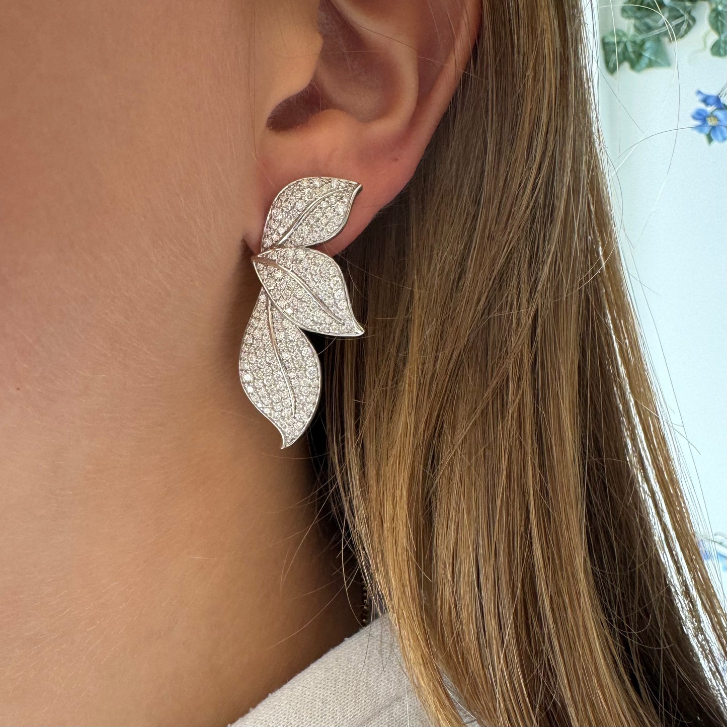 Diamond Three Leaf Drop Earrings