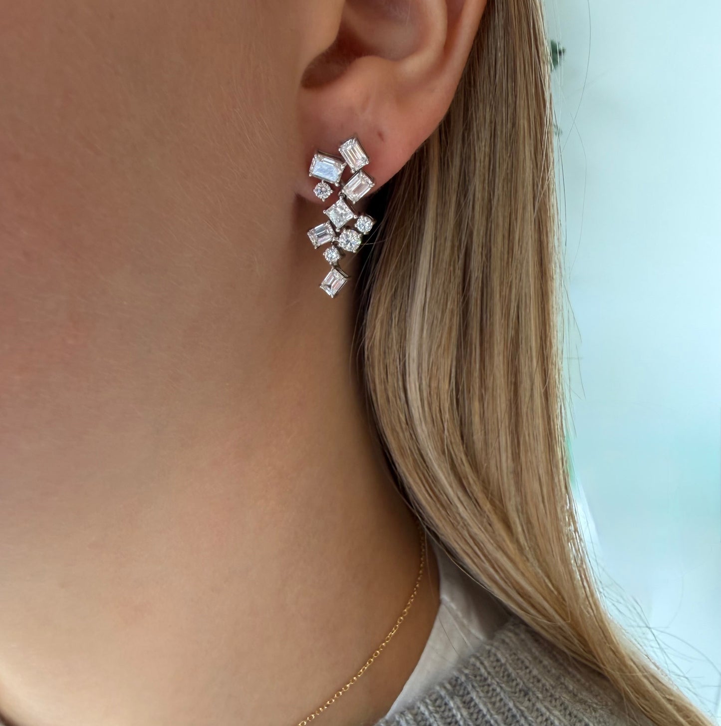 Lab Emerald, Round, & Princess Cut Diamond Earrings